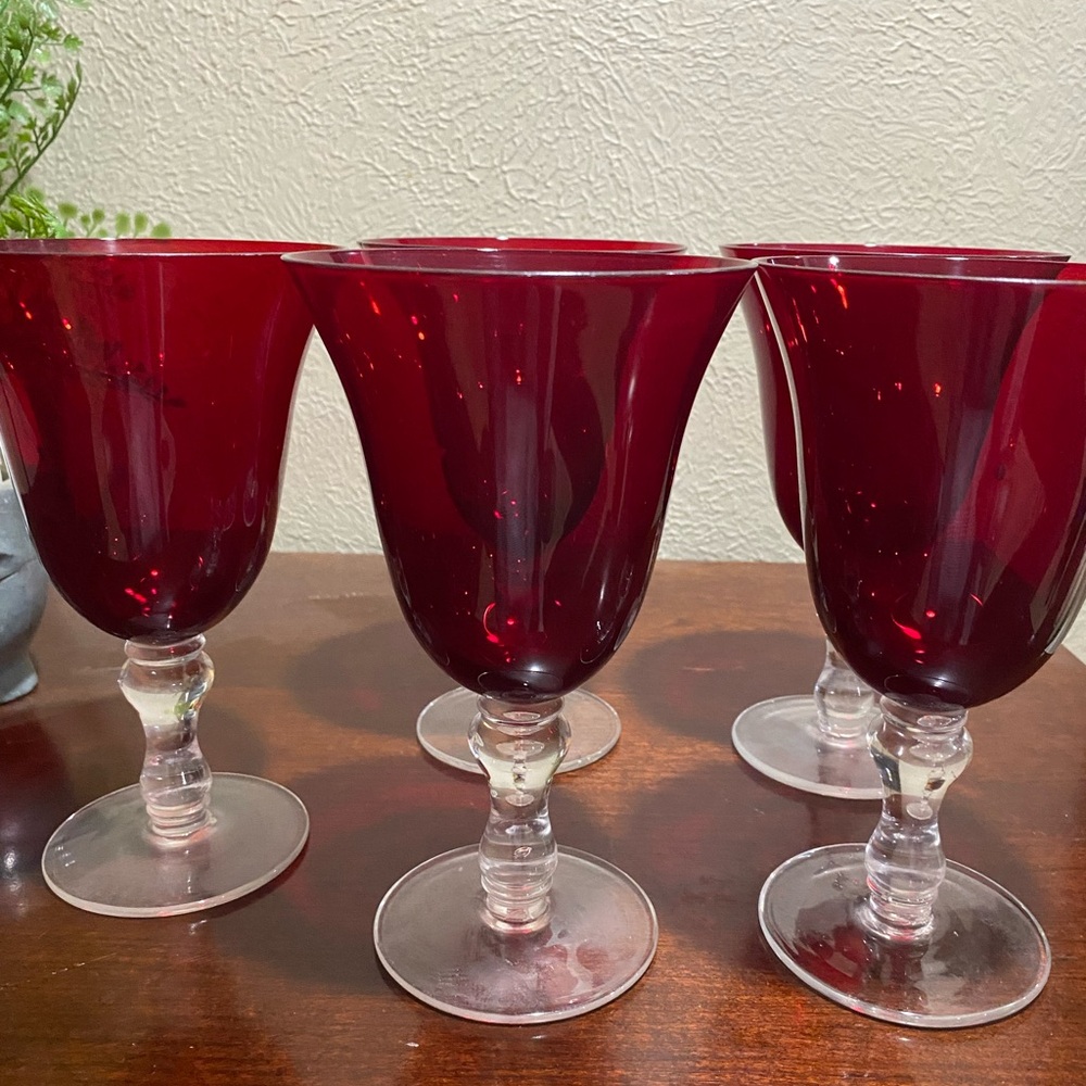 Set of 5, Ruby Red, Handblown Crystal Goblets